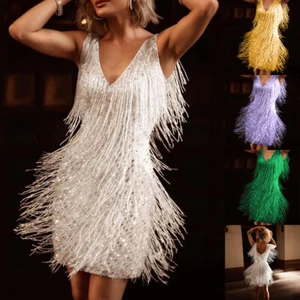 Womens Tassel Glitter Fringe Mini Dress Cocktail Evening Party Bodycon Ball Gown - Picture 1 of 15