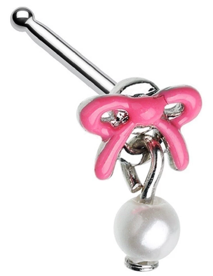 Nose Stud Pink Enamel Pearl Drop Bow Ribbon Bone Rings 20g 1/4'' bar - Image 1 of 1