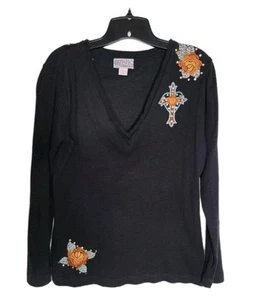 Pink Cattlelac Black Long Sleeve Embroidered Top L Cross Rhinestones - Picture 1 of 4