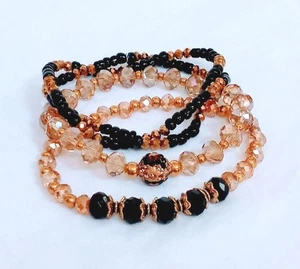 NUEVO CONJUNTO DE 3 BRAZALETES ÚNICOS HECHOS A MANO LEOPARDO NEGRO DORADO ELÁSTICO DOBLE ENVOLTURA BRAZALETE LOTE - Imagen 1 de 11