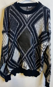 Vintage IMPACT Leder Acryl Rauten Schwarz Weiß Langarm Pullover MEDIUM - Bild 1 von 3