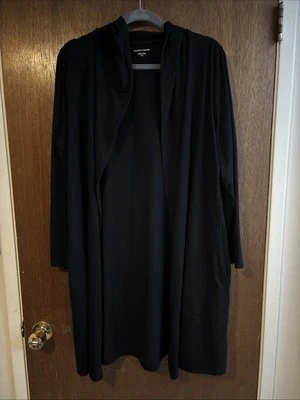 eileen fisher stretch jersey knit long hooded open cardigan black sz M pockets - Image 1 of 4