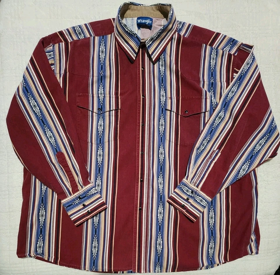 Vintage Wrangler Aztec Western Pearl Snap Shirt Men 3XL* Southwest Beige Rust - Image 1 of 4