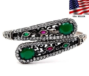 Ottoman Empire Style 6CT Treated Ruby & Emerald 925 Sterling Silver Bracelet  - Picture 1 of 3