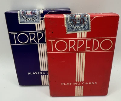 2 Decks Vintage TORPEDO linen finish Playing Cards Blue and Red Tax Stamp SEALED - Image 1 of 4