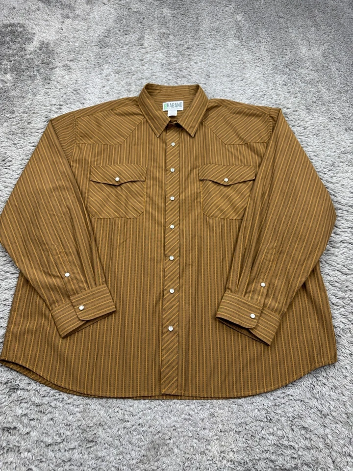 Duke Haband Shirt Men 2XL Brown Striped Western Sawtooth Pearl Snap Vtg 90s - Image 1 of 4