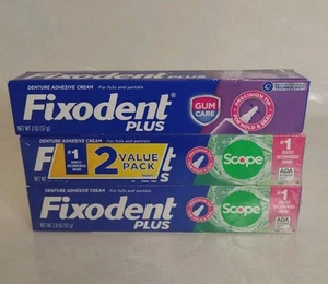 Lot Of 3-Fixodent Plus Denture Adhesive Cream 2.O oz Ea. 2 Scope & 1 Gum Care - Picture 1 of 4