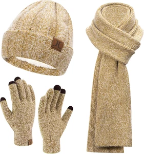 Donna Inverno Caldo Knit Beanie Cappello Touchscreen Guanti Lungo Sciarpa Set Co - Foto 1 di 12