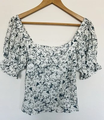 NINE WEST Milkmaid Puff рукав блузка Sz S синий со сборками назад богемное - Изображение 1 из 4