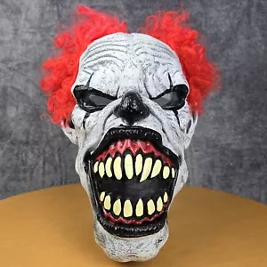 Scary Killer Carnival Clown Evil Halloween Mask with Red Hair Latex Pullover - Picture 1 of 11