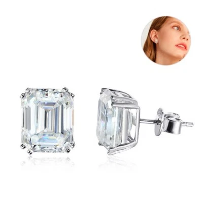 8CTW Emerald Cut Real Moissanite Solitaire Stud Earrings 925 Sterling Silver GRA - Image 1 of 4
