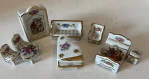 Vintage LIMOGES White/gold Set of 9 Porcelain Miniature Furniture - Picture 1 of 6