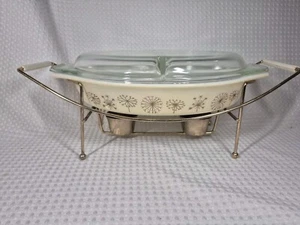 Vintage Pyrex Dandelion Divided Cooking Dish With Lid 1 1/2 Qt And Trivet - Picture 1 of 6