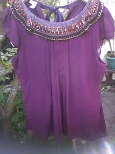Pure Shabby Chic Silk Maroon Heavily Embellished neckline Maroon blouse sz12 - Picture 1 of 4