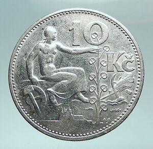 1932 CZECH REPUBLIC Woman & Lime TREE Old Genuine Silver 10 Korun Coin i82481