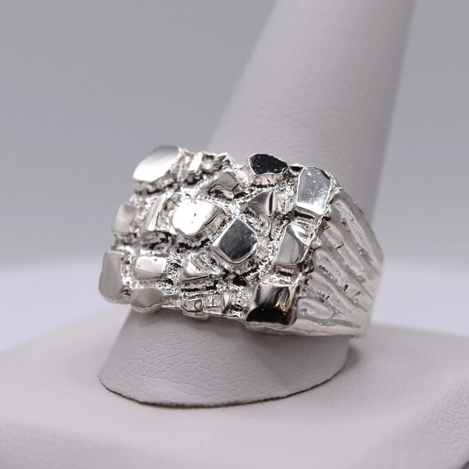 Men's 925 Sterling Silver Nugget Ring | Heavy Textured Statement Band Jewelry - Image 1 of 4