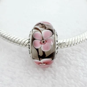 New AUTHENTIC 925 Sterling Silver Pink Flower Murano Glass Bead European Charm - Picture 1 of 4