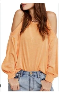 NWT The Free People Womens XS Chill Out Long Sleeve Top Orange Open Shoulder - Picture 1 of 9
