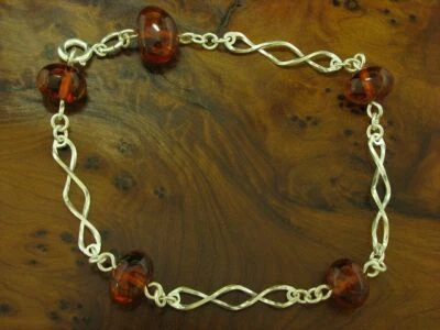 835 Argento Bracciale Con Ambra Ricoperto / Vero Argento/5,4g/22,5 CM - Immagine 1 di 3