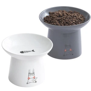 6.5in Wide Raised Ceramic Cat Bowls Elevated Food & Water Dish White & Grey - Picture 1 of 6