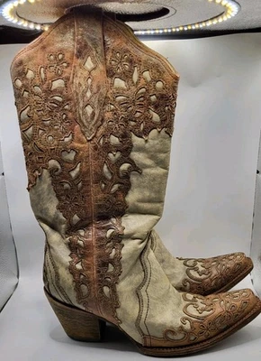 CORRAL VINTAGE Addison A2665 Size 9M Sand/Cognac Laser-Cut Cowgirl Boots - Image 1 of 4