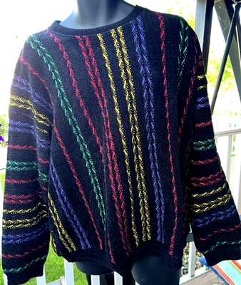 TUNDRA CANADA 1990's Textured Chenille Coogi Style Black MultiColor Sweater Sz L - Image 1 of 4