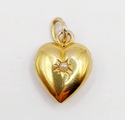 Pendentif antique or 18k cœur et perle serti étoilé (circa 1920) - Photo 1/4