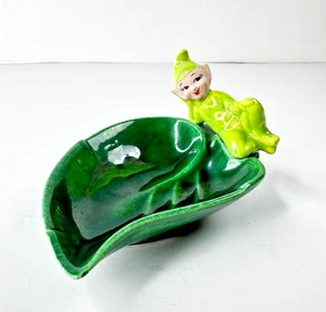Plato de baratija vintage Treasure Craft verde pixie elfo en hoja verde mediados de siglo - Imagen 1 de 12