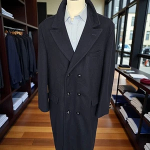 Vintage Double Breasted Peak Lapel Overcoat 50r Navy Chesterfield - Picture 1 of 23