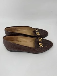 Joan & David Vintage Loafers Womens 6.5 B Brown Leather Reptile Print Horsebit - Picture 1 of 12