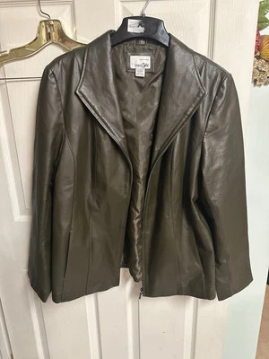 Chaqueta de Cuero East 5th Verde Oliva Marrón Cuello Cremallera Bolsillos Forrada Talla XL Y2k Foto 1 de 4