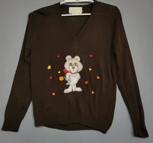 Vintage Di Costa Sweater Womens L Brown Embroidered Bear V-Neck Long Sleeves 70s - Picture 1 of 17