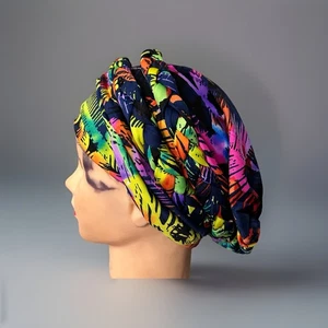 Colorful African Turban Headwrap – Boho Stretch Slouch Hat with Braided Detail - Picture 1 of 8