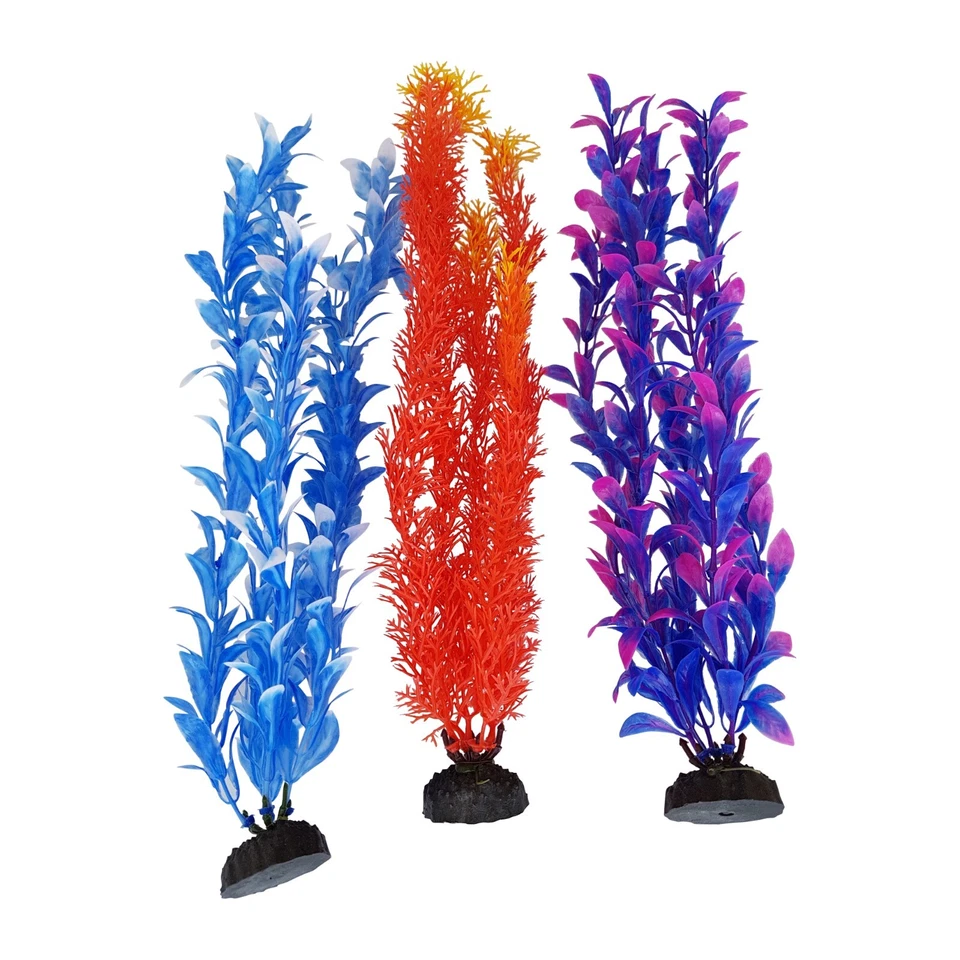 Blue, Purple & Orange Coloured Plastic Aquarium Plants 8-9 Inch, 3 pack - Image 1 of 1