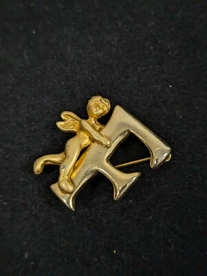 Broche prendedor vintage tono dorado letra inicial F querubín ángel monograma Foto 1 de 4