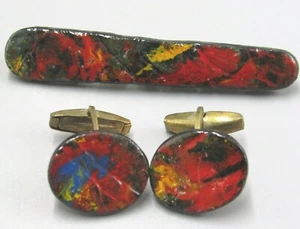 Mens Vintage STAINED LEATHER W/ TIE BAR CUFFLINK Fashion Costume Jewelry V76 - Picture 1 of 5