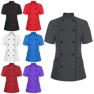 Women Tops Kitchen Jacket Breathable Coat Contrast Color Cross-Over Canteen - Picture 1 of 77