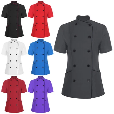 Women Coat Collar Jacket Hotel Tops Bakery Short Sleeve Canteen Cross-Over Chef - Image 1 of 4