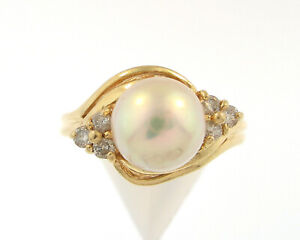 14K Solid Yellow Gold Pearl & Diamond Fashion Ring