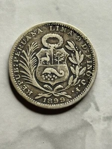 REPUB ; PERUANA 1899 LIMA 9 D : FINO J . F 1/5 SOL SILVER ERROR COIN - Picture 1 of 7