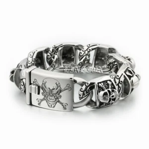 Stainless Steel Deep Engraved Pirate Skull Chain Mens Biker Punk Bracelet 5T102C - Picture 1 of 17