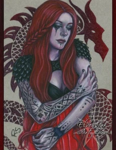 IMPRESIÓN Arte Fantasía Dragón Fantasía Guerrero Mujer Arte Rojo Retrato Gótico Oscuro - Imagen 1 de 1