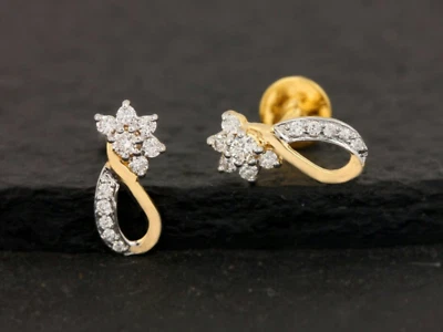 Solid 14K Yellow Gold Genuine Certified Diamond Half Flower Shape Ear Studs - Image 1 of 4