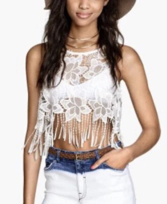 H&M Coachella Sheer Lace Crop Top With Fringe Size 6 - Image 1 of 4