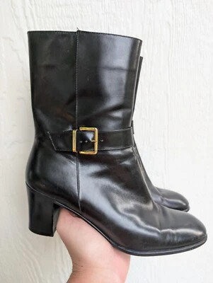 SALVATORE FERRAGAMO Black Leather Boot Bootie Chunky Heel Buckle Zip Size 9M - Image 1 of 4