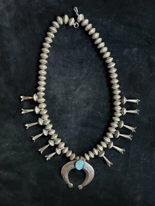 Vintage 1940er Navajo Sterlingsilber Quecksilber Groschen Kürbisblüte Halskette 448 Gramm - Bild 1 von 18
