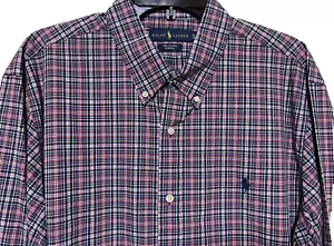 Ralph Lauren POLO Men XL Classic Fit Stretch Cotton Poplin Plaid Shirt Pink Blue - Picture 1 of 4