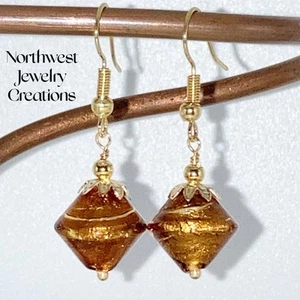 Handblown Topaz Gold Leaf Saucer Murano Glass .925 Gold Drop Earrings Gift - Picture 1 of 1