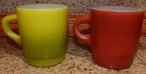 2 ANCHOR HOCKING FIRE KING STACKING MUG COFFEE CUPS C&D HANDLE RUST/BROWN GREEN - Picture 1 of 4