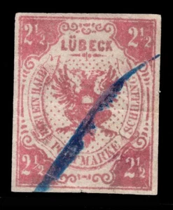 MOMEN: GERMANY STATES LUBECK MI #4 IMPERF USED SIGNED LOT #67587 - Picture 1 of 2
